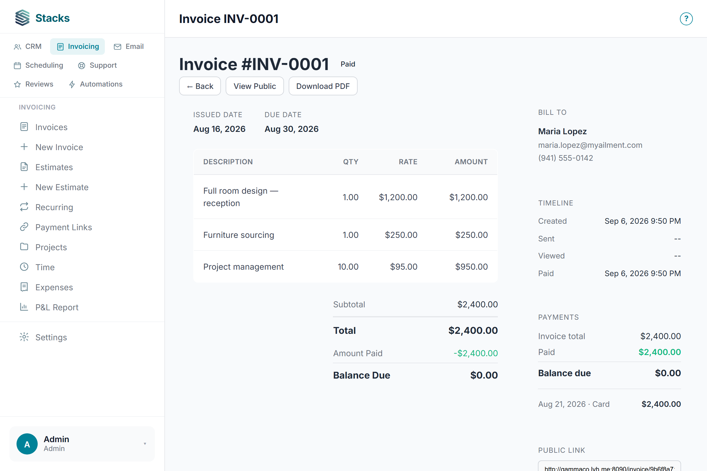 Stacks invoice INV-0001 for Maria Lopez marked paid with zero balance