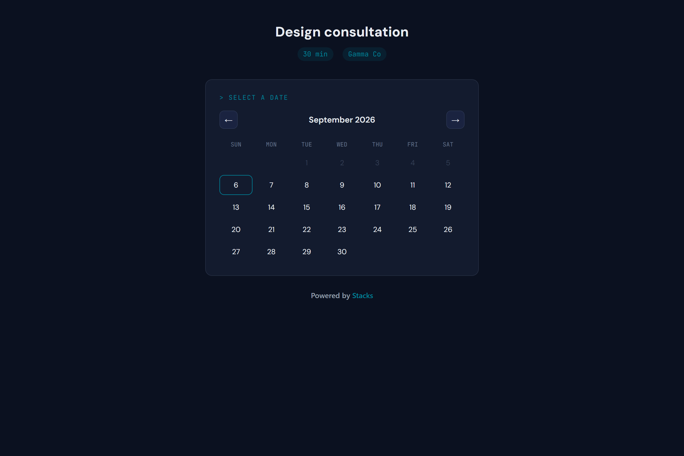 Public Stacks booking page for a design consultation with a date picker