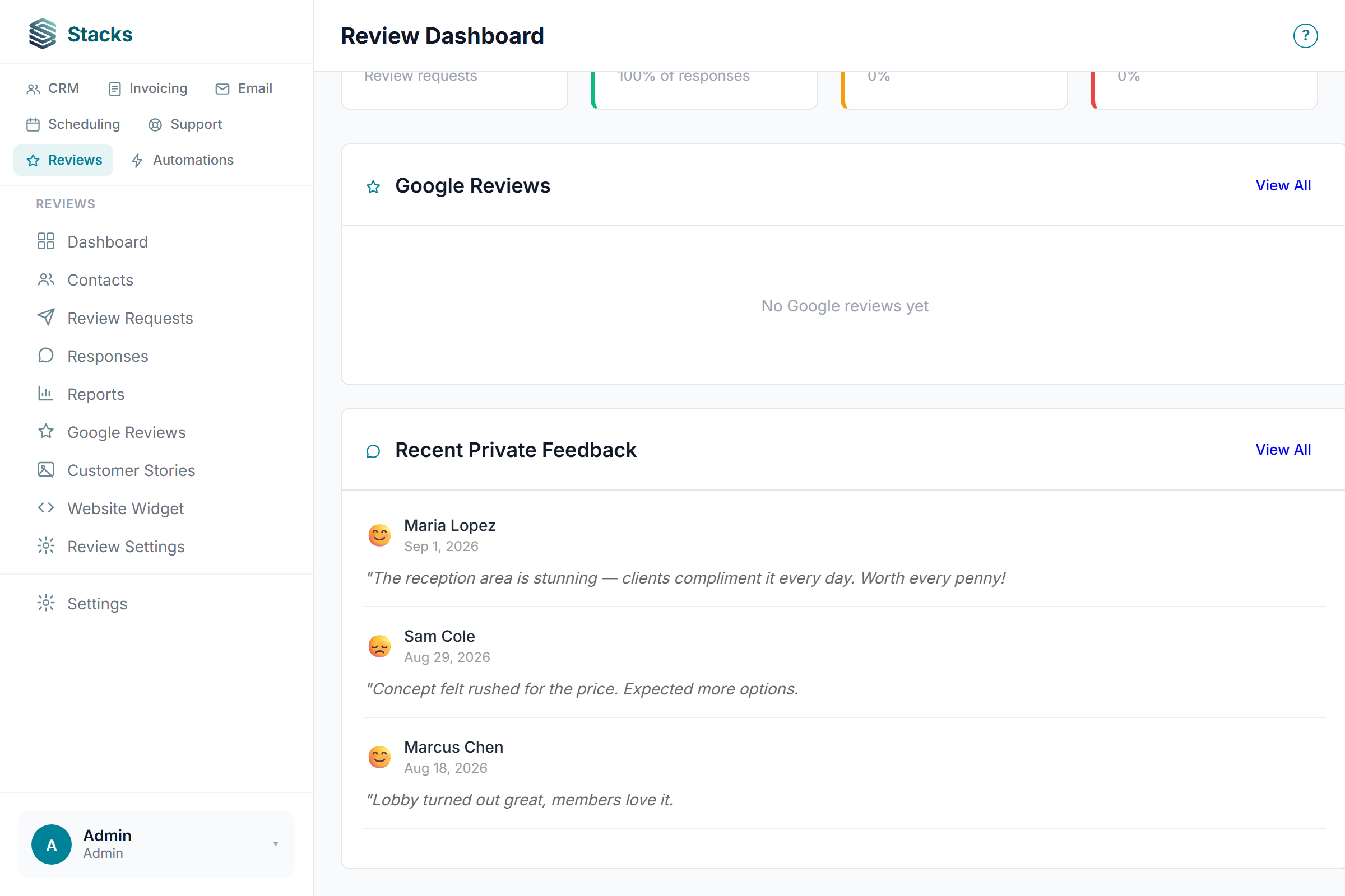 Stacks review dashboard showing customer sentiment and recent private feedback