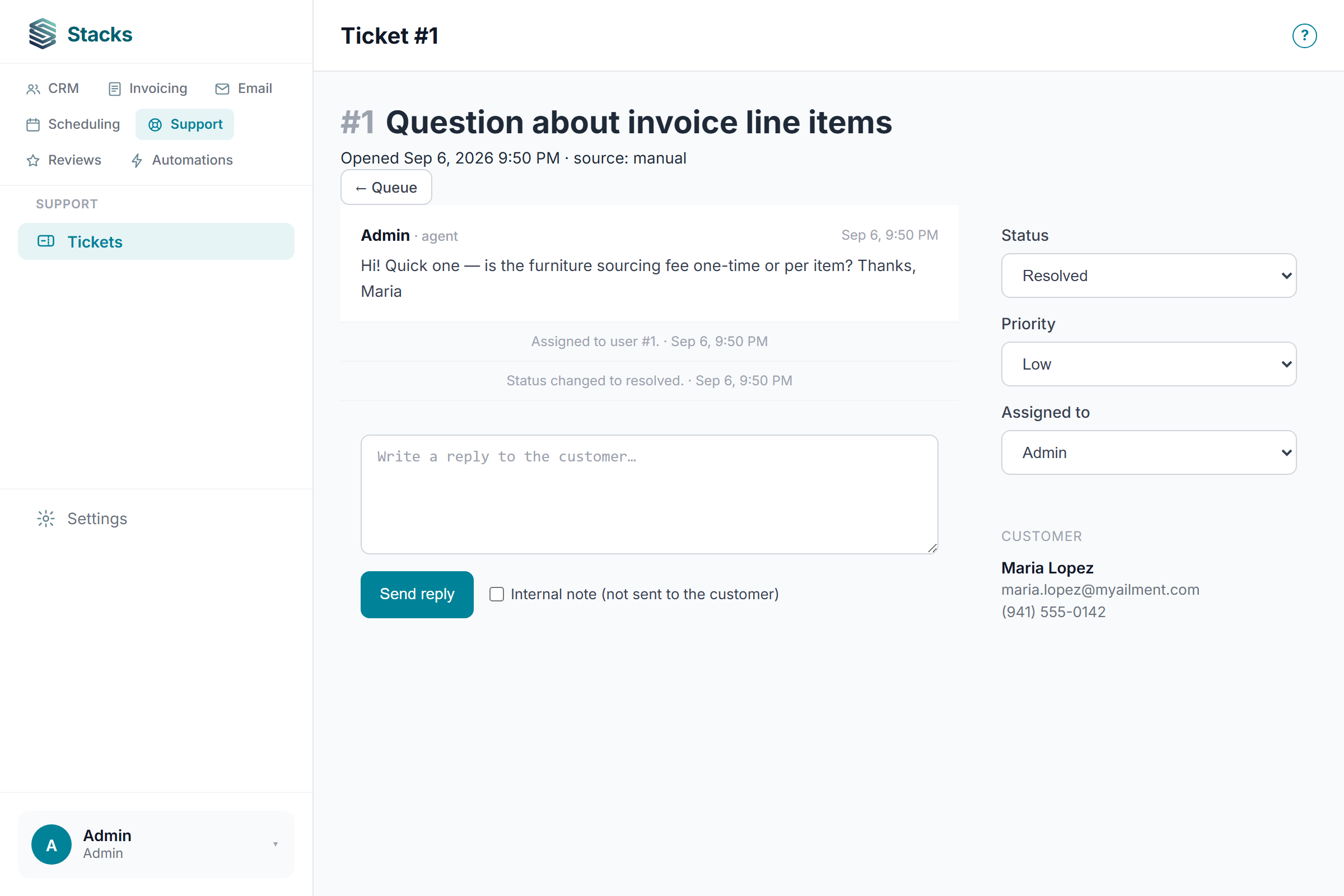 Stacks support ticket thread for Maria Lopez marked resolved
