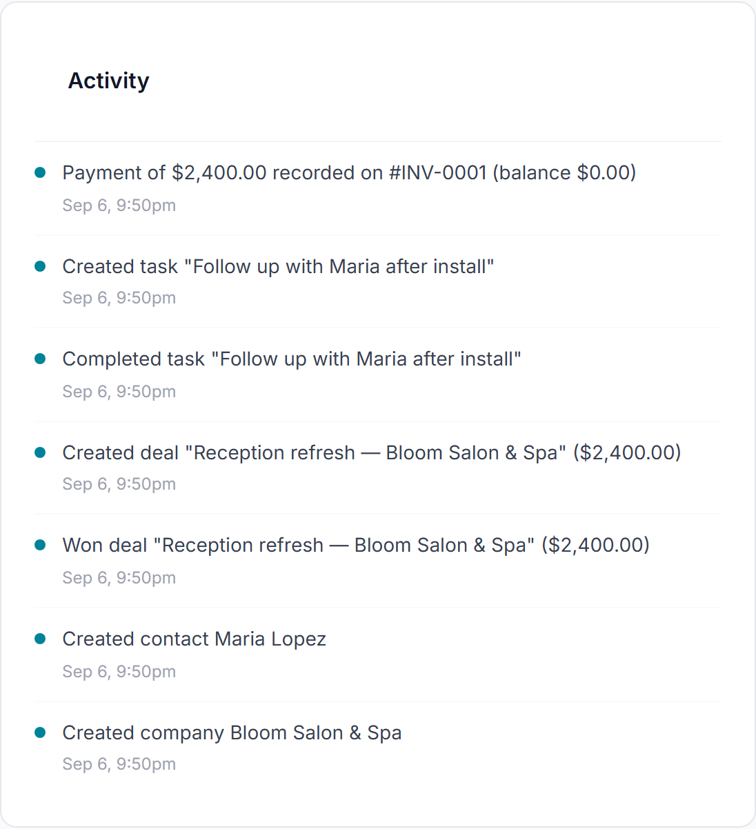 Maria Lopez's activity timeline in Stacks: payment recorded, task completed, deal won